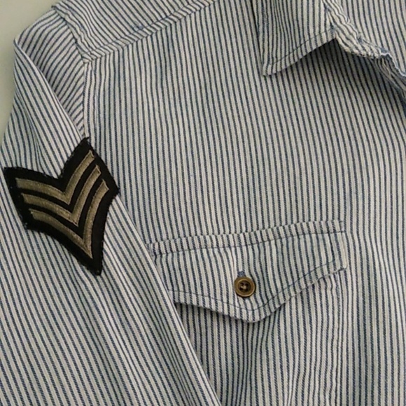 TRIBAL JEANS STREETWEAR RAW HEM MILITARY SOFT WORN DENIM CHAMBRAY STRIPE SHIRT - Picture 5 of 13